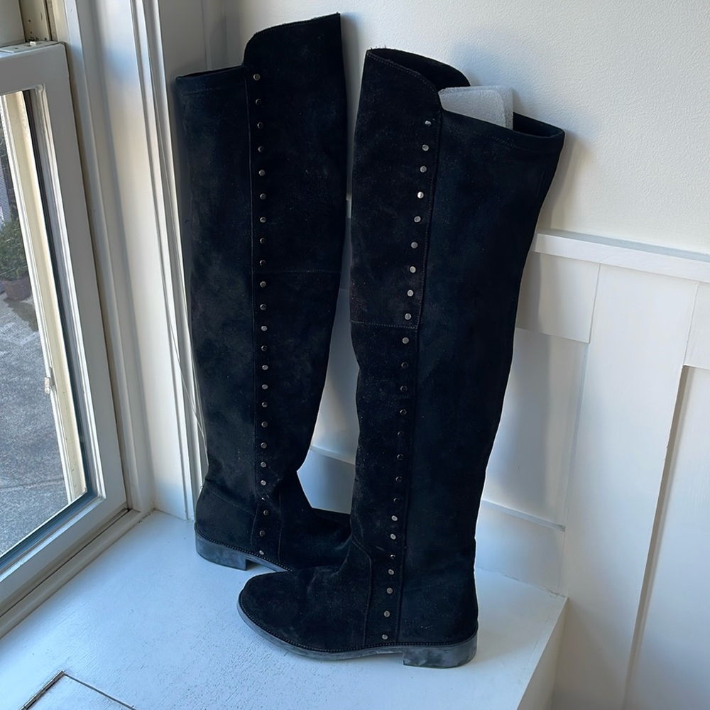 Beautiful over the knee suede boots with side stud details.